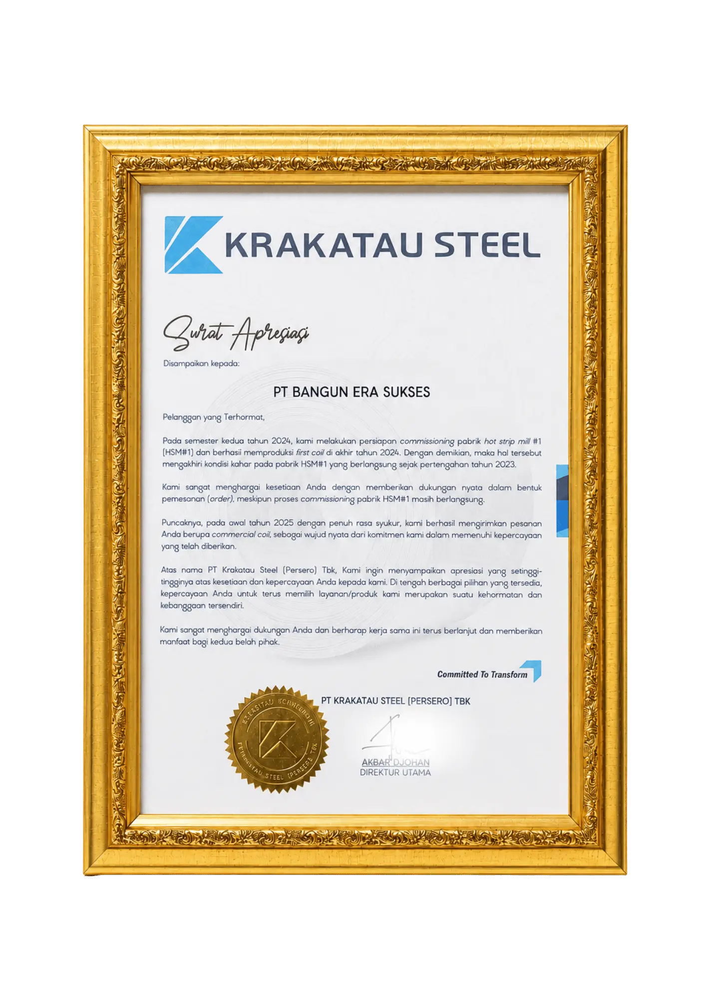 Surat Apresiasi dari PT Krakatau Steel